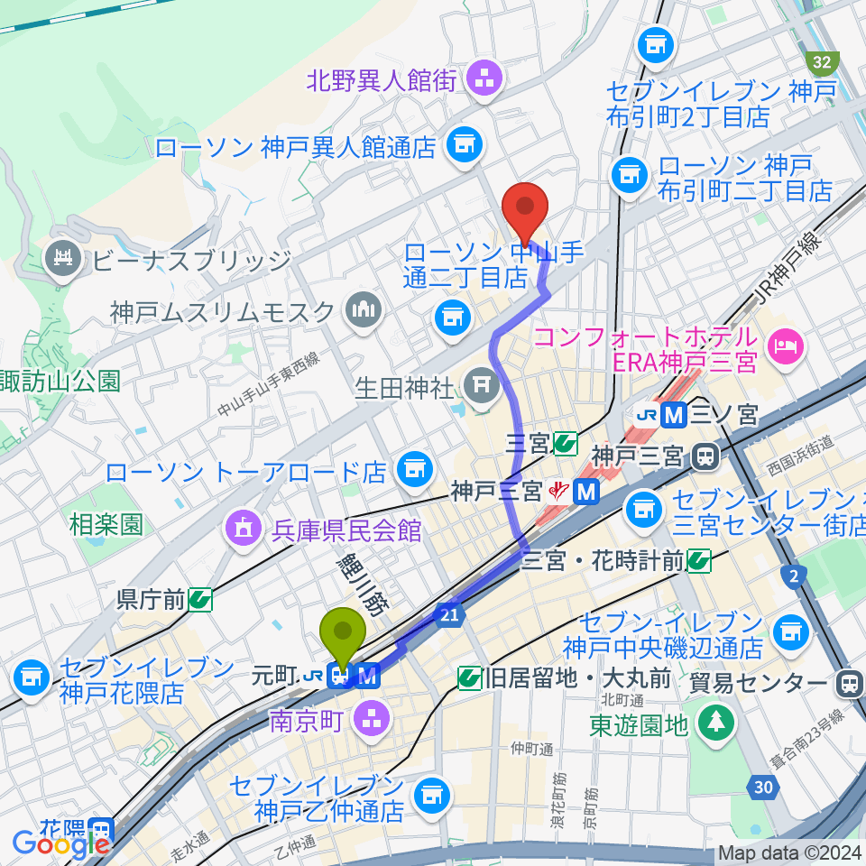 元町駅から神戸ミッドナイトサンへのルートマップ地図