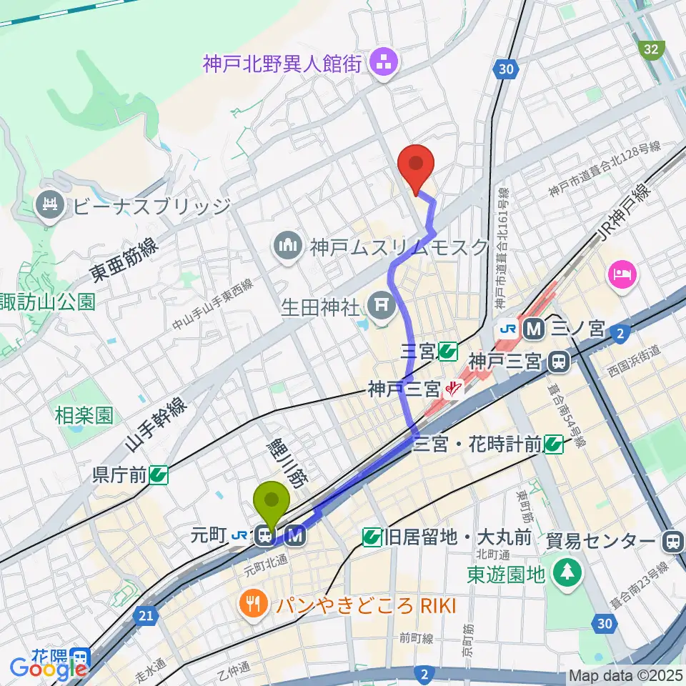 元町駅から神戸ミッドナイトサンへのルートマップ地図
