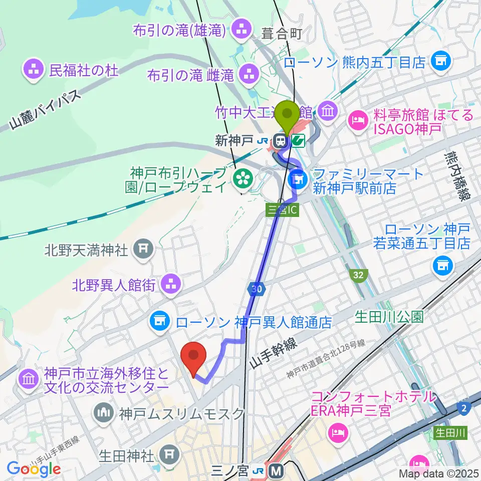 新神戸駅から神戸ミッドナイトサンへのルートマップ地図
