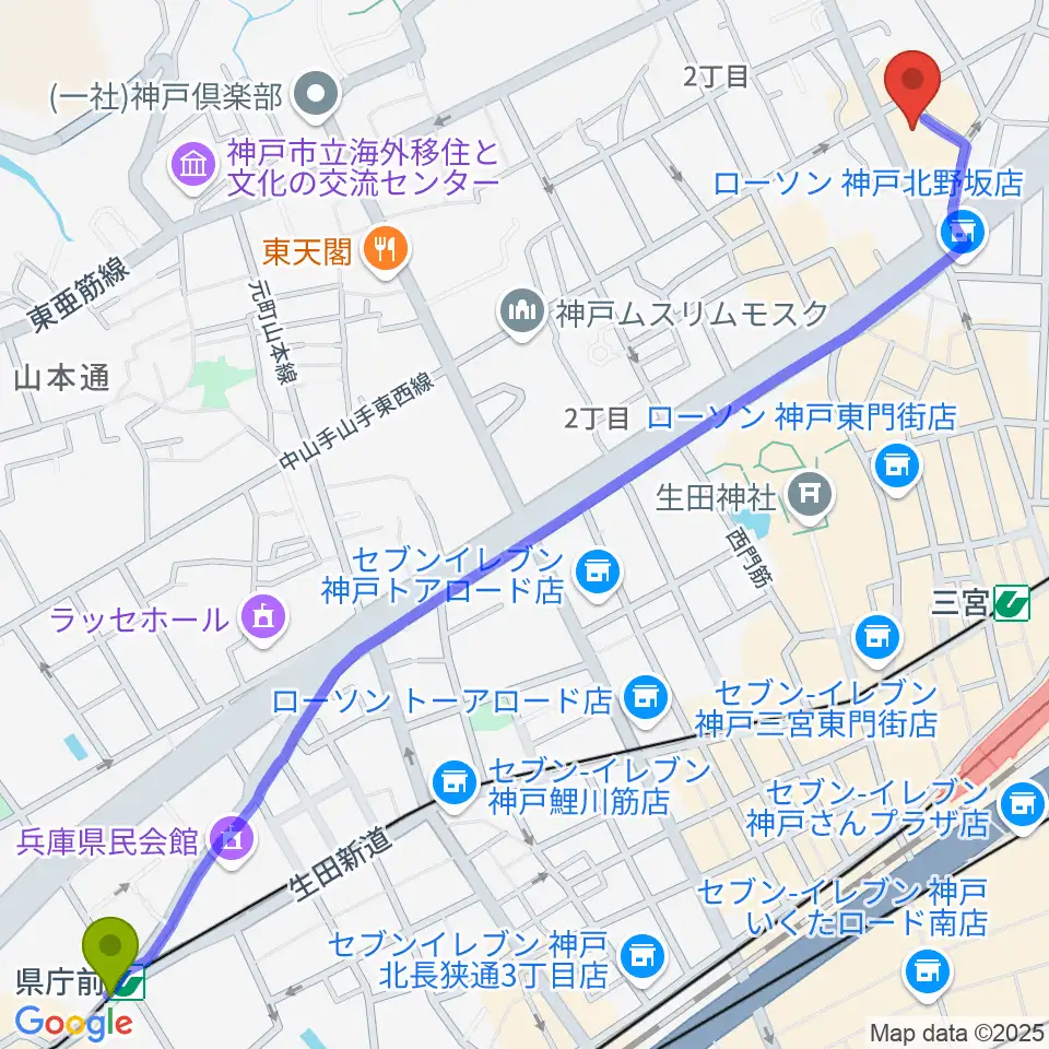 県庁前駅から神戸ミッドナイトサンへのルートマップ地図