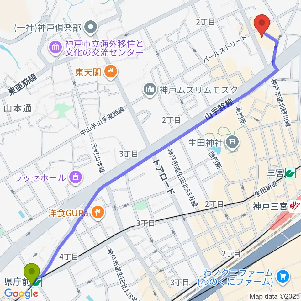 県庁前駅から神戸ミッドナイトサンへのルートマップ地図