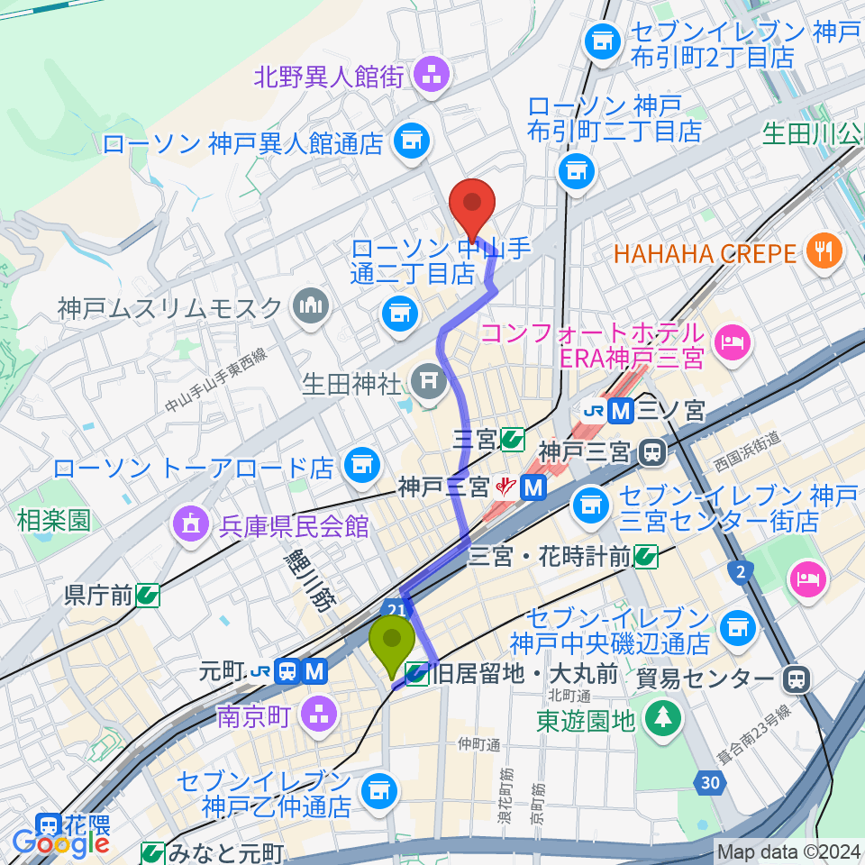 旧居留地・大丸前駅から神戸ミッドナイトサンへのルートマップ地図