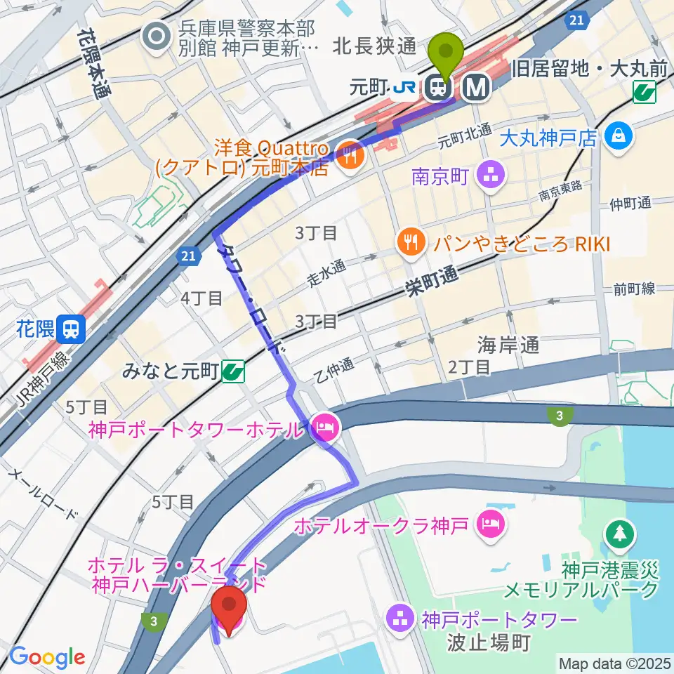 元町駅からラ・スイート神戸グラン・ブルーへのルートマップ地図
