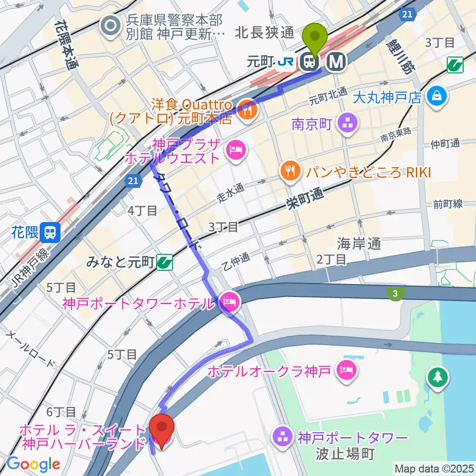 元町駅からラ・スイート神戸グラン・ブルーへのルートマップ地図