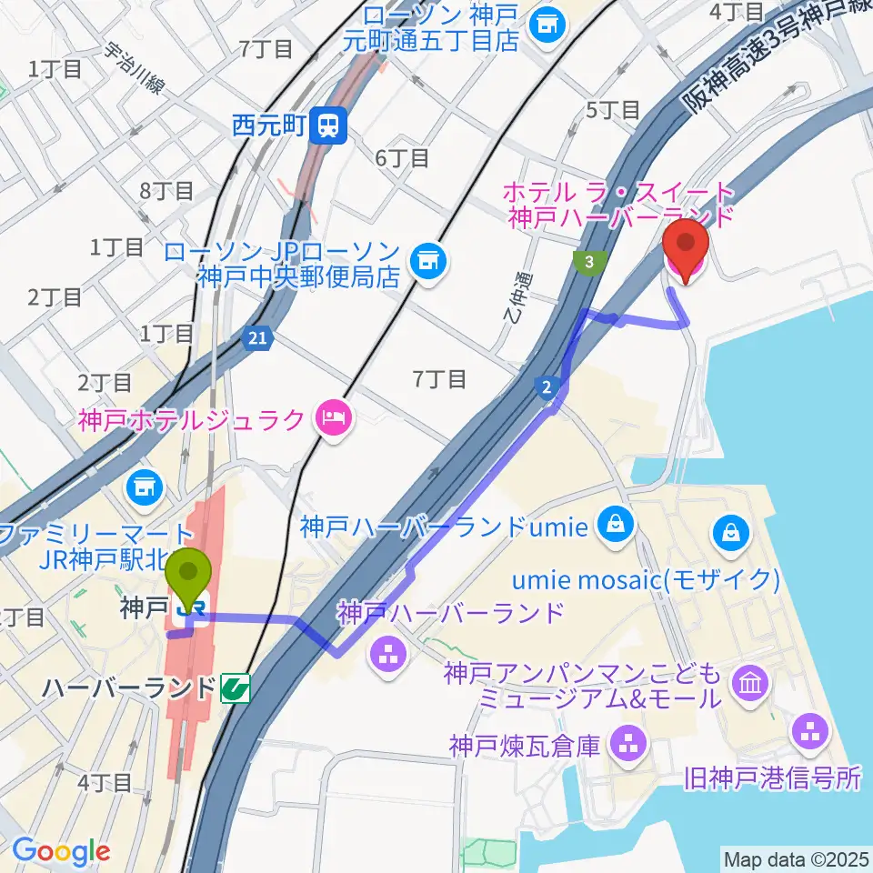 神戸駅からラ・スイート神戸グラン・ブルーへのルートマップ地図