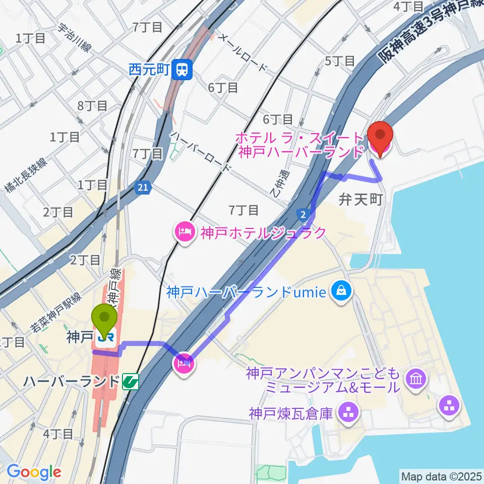 神戸駅からラ・スイート神戸グラン・ブルーへのルートマップ地図