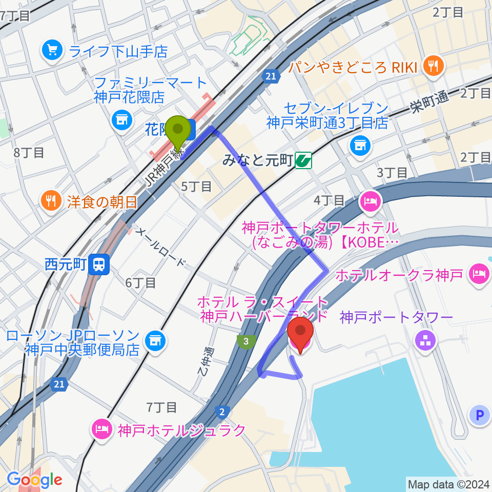 花隈駅からラ・スイート神戸グラン・ブルーへのルートマップ地図