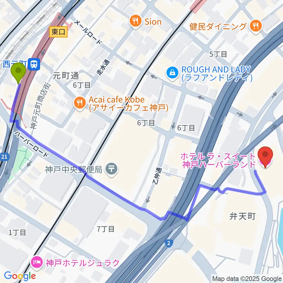 西元町駅からラ・スイート神戸グラン・ブルーへのルートマップ地図