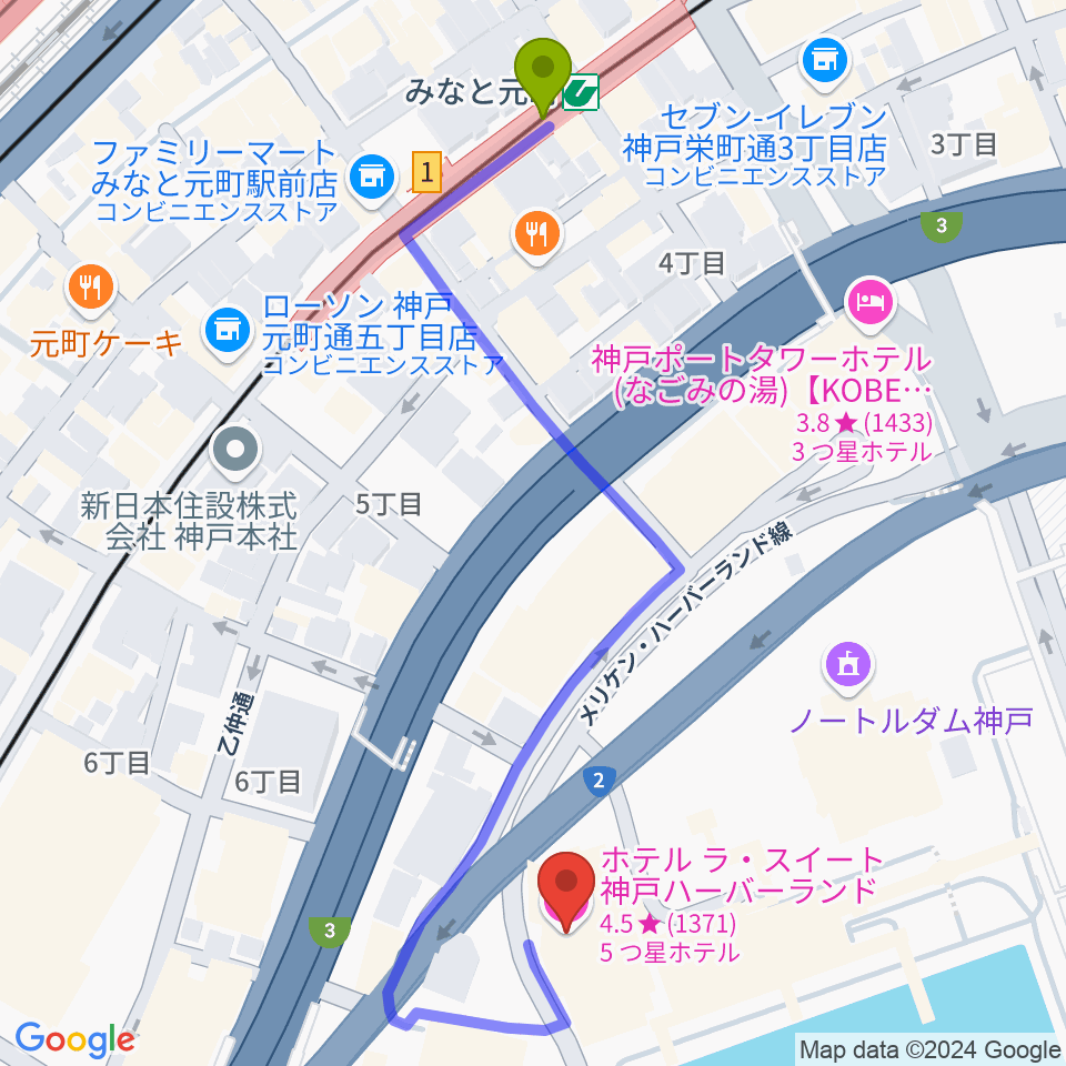 ラ・スイート神戸グラン・ブルーの最寄駅みなと元町駅からの徒歩ルート（約6分）地図