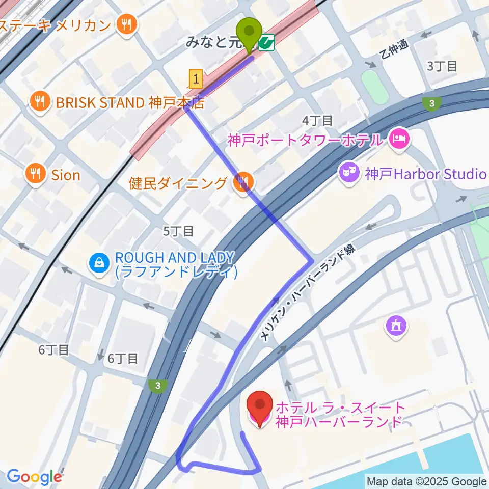 ラ・スイート神戸グラン・ブルーの最寄駅みなと元町駅からの徒歩ルート（約6分）地図
