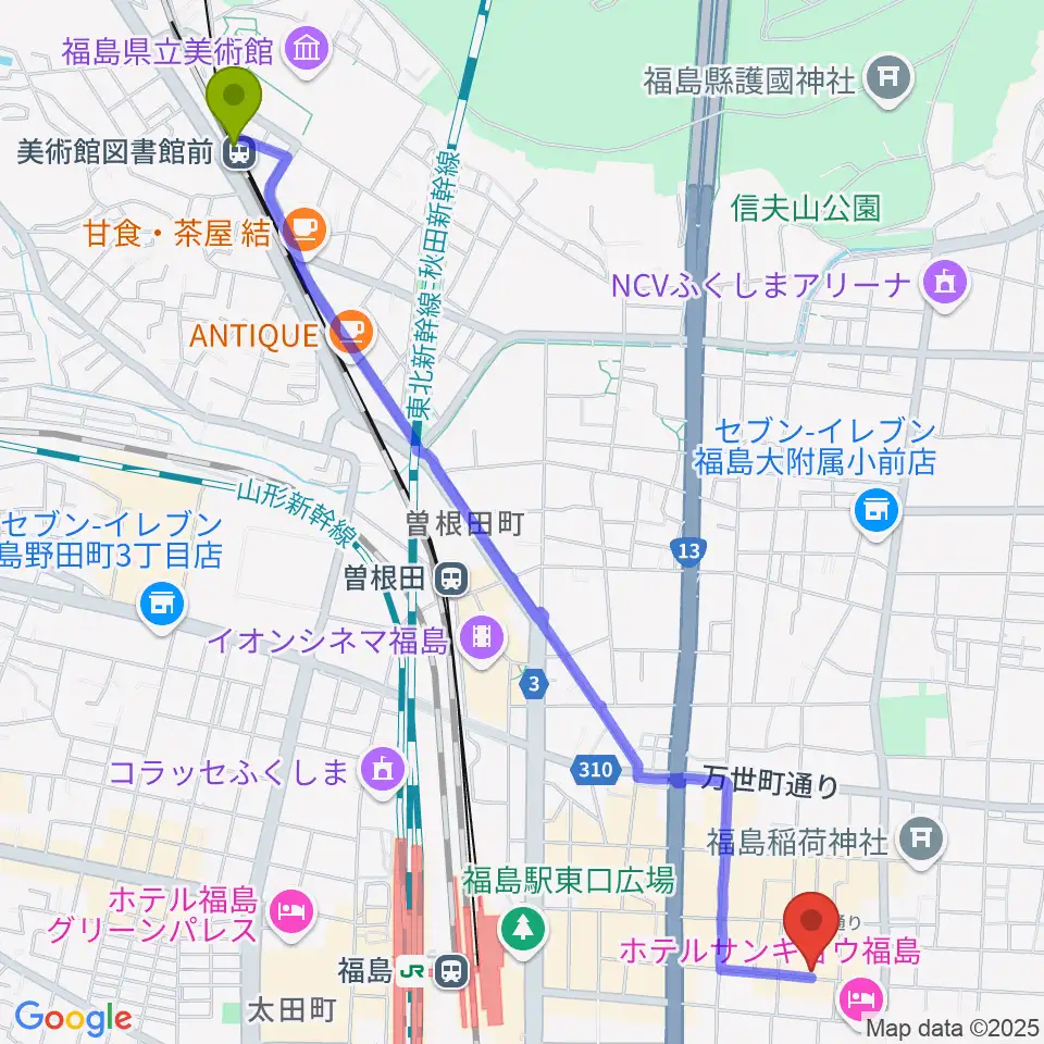 美術館図書館前駅から福島アウトラインへのルートマップ地図