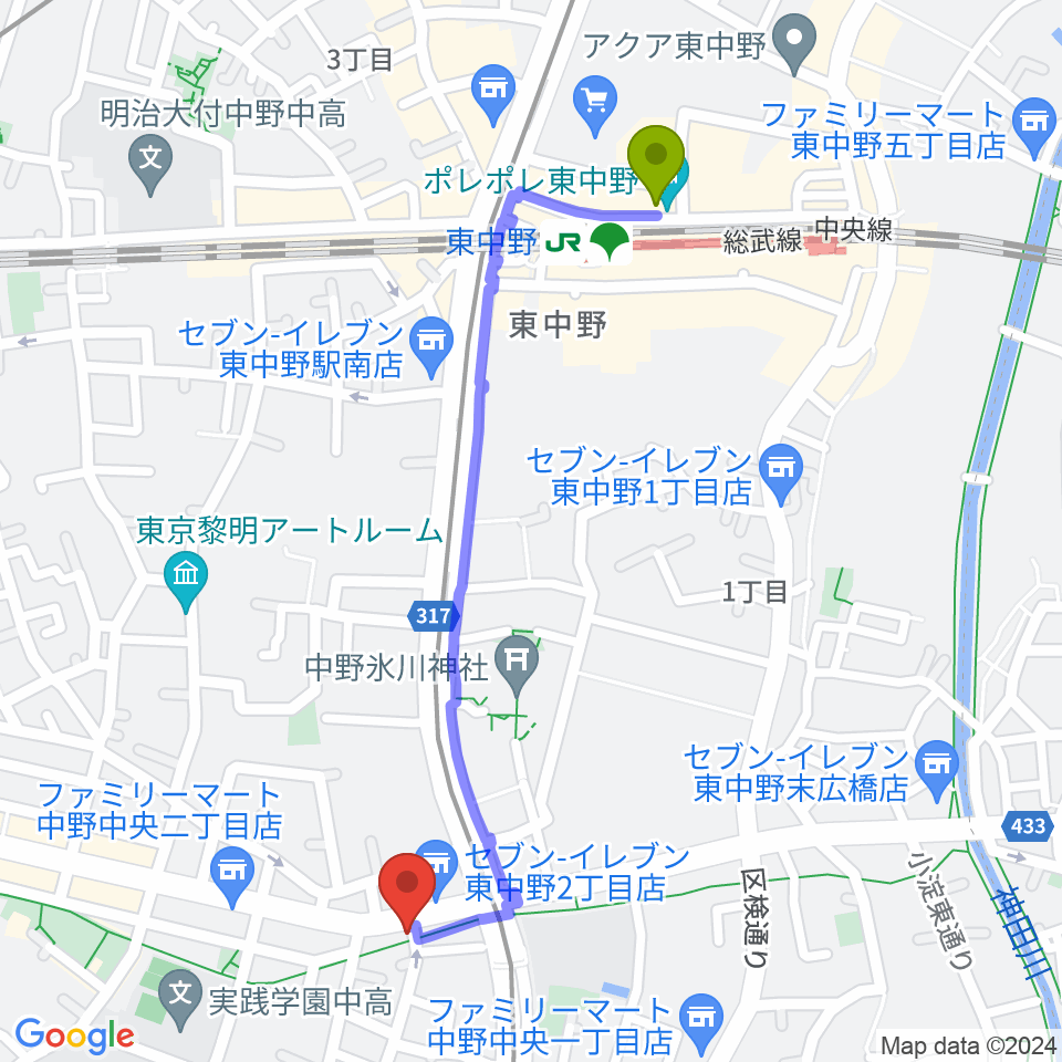 東中野駅から中野坂上ajaへのルートマップ地図