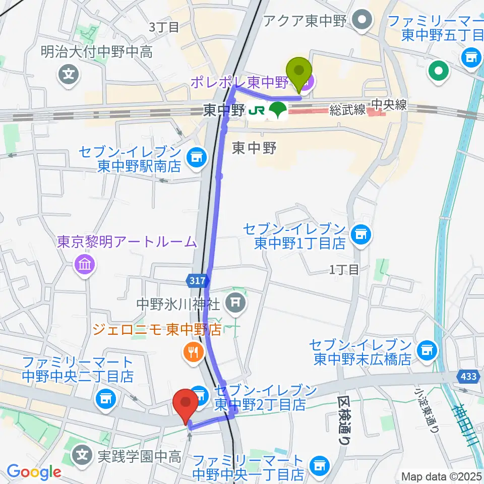 東中野駅から中野坂上ajaへのルートマップ地図