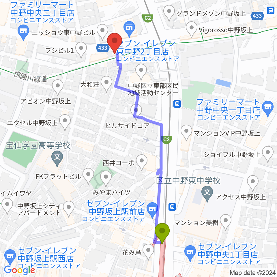 中野坂上ajaの最寄駅中野坂上駅からの徒歩ルート（約5分）地図