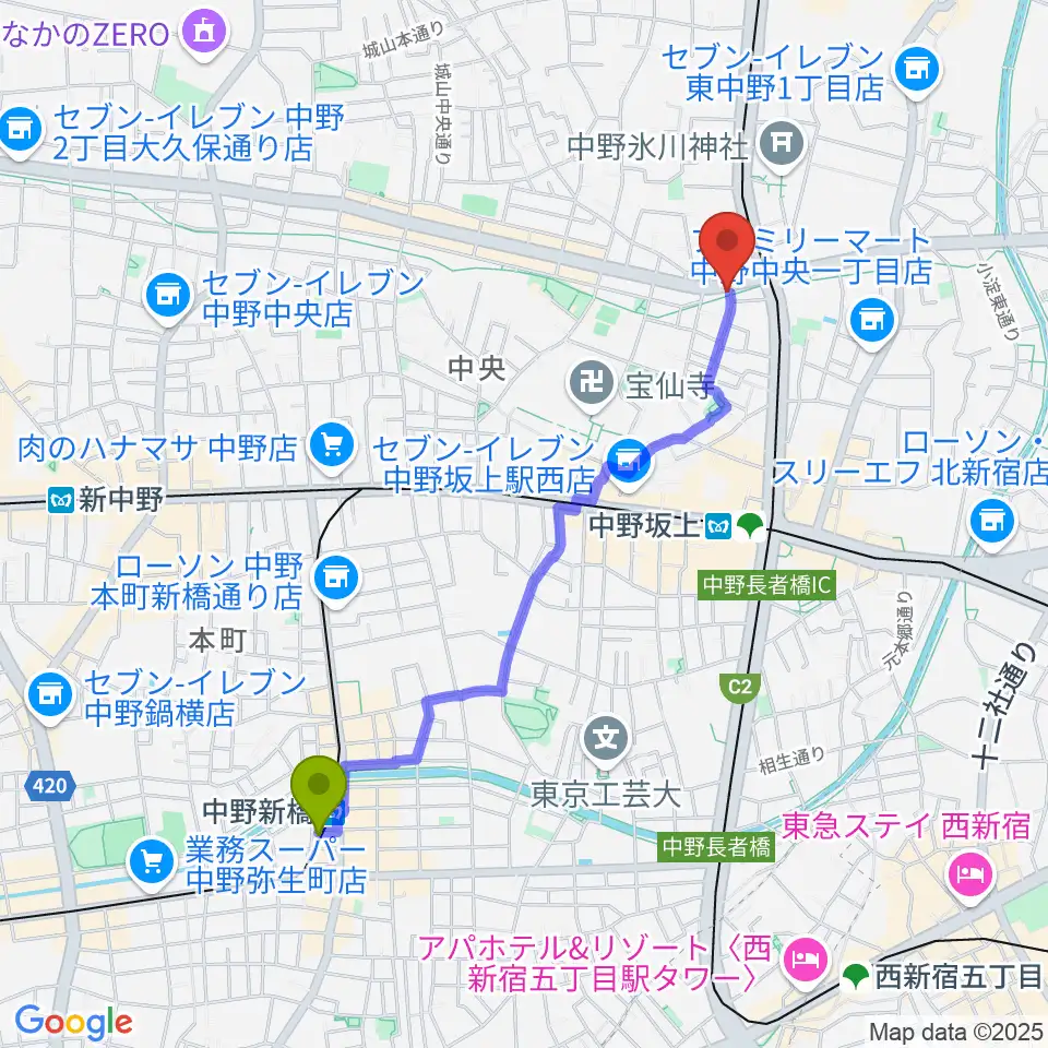 中野新橋駅から中野坂上ajaへのルートマップ地図