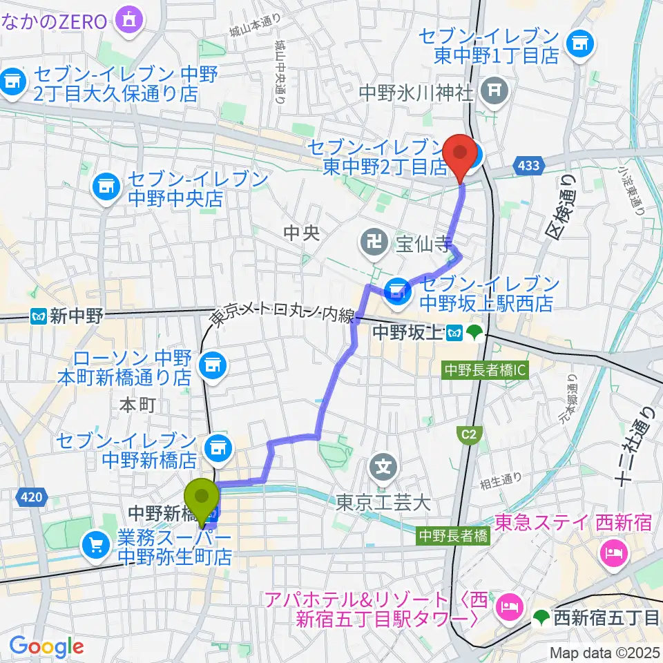 中野新橋駅から中野坂上ajaへのルートマップ地図