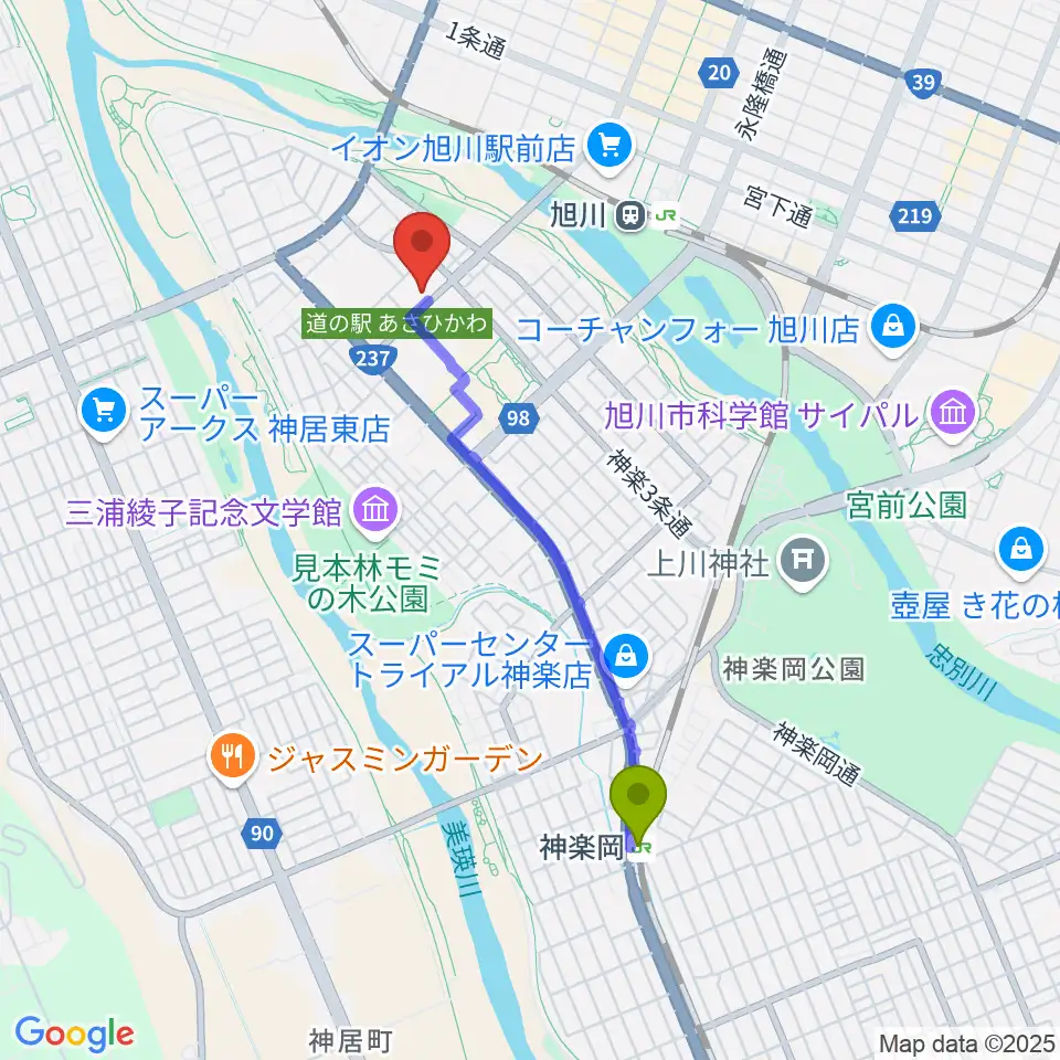 神楽岡駅から神楽市民交流センター 神楽公民館・木楽輪へのルートマップ地図