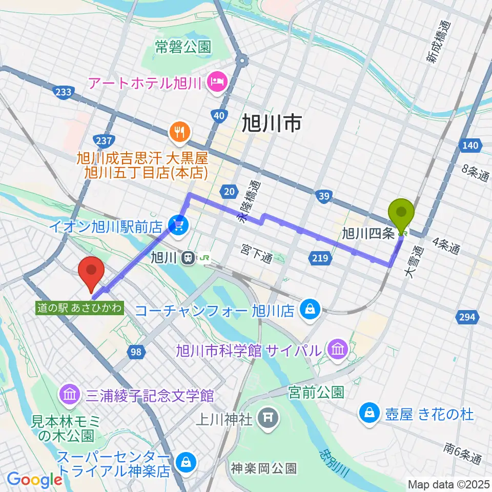 旭川四条駅から神楽市民交流センター 神楽公民館・木楽輪へのルートマップ地図