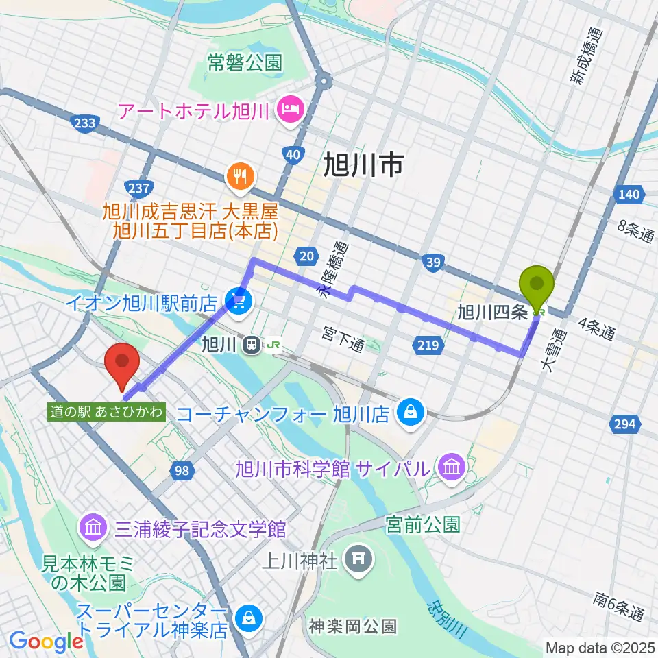 旭川四条駅から神楽市民交流センター 神楽公民館・木楽輪へのルートマップ地図