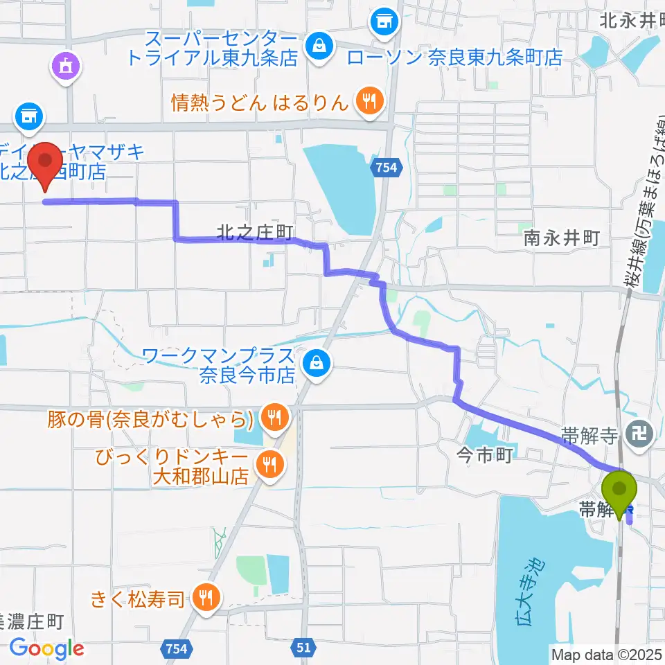 帯解駅からジュエル奈良店へのルートマップ地図