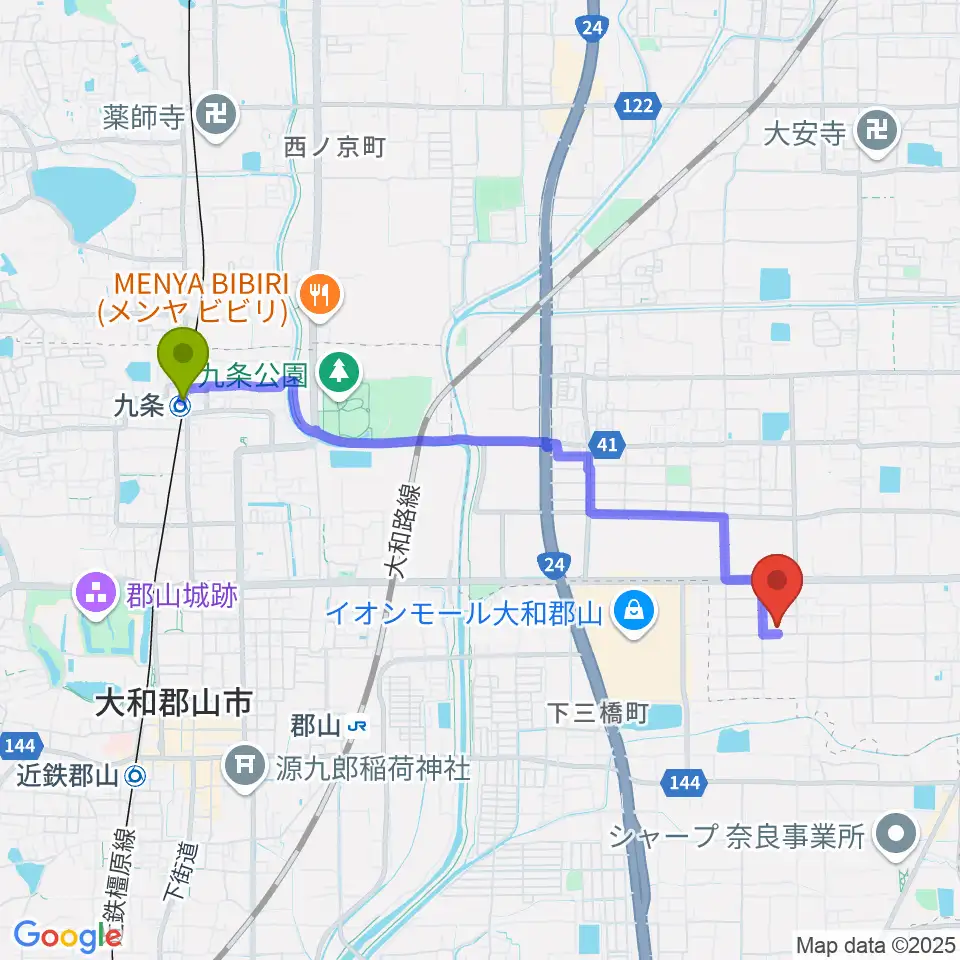 九条駅からジュエル奈良店へのルートマップ地図
