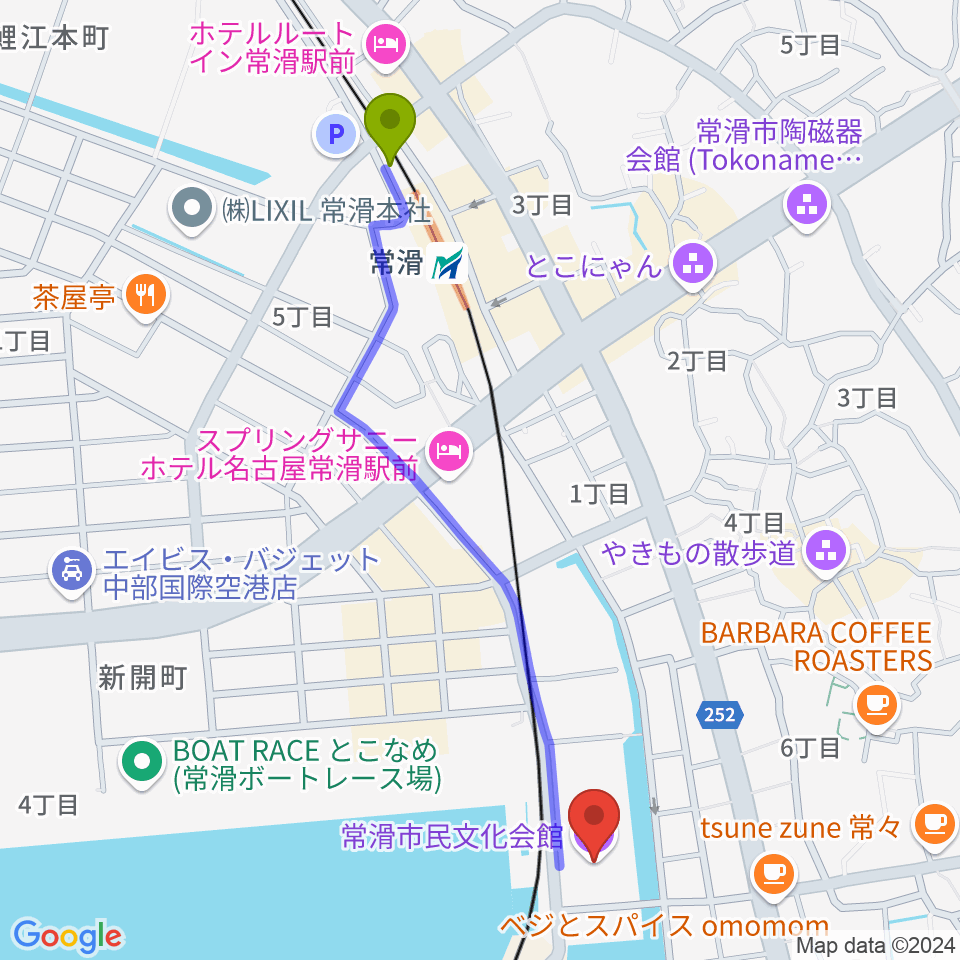 常滑市民文化会館の最寄駅常滑駅からの徒歩ルート（約12分）地図