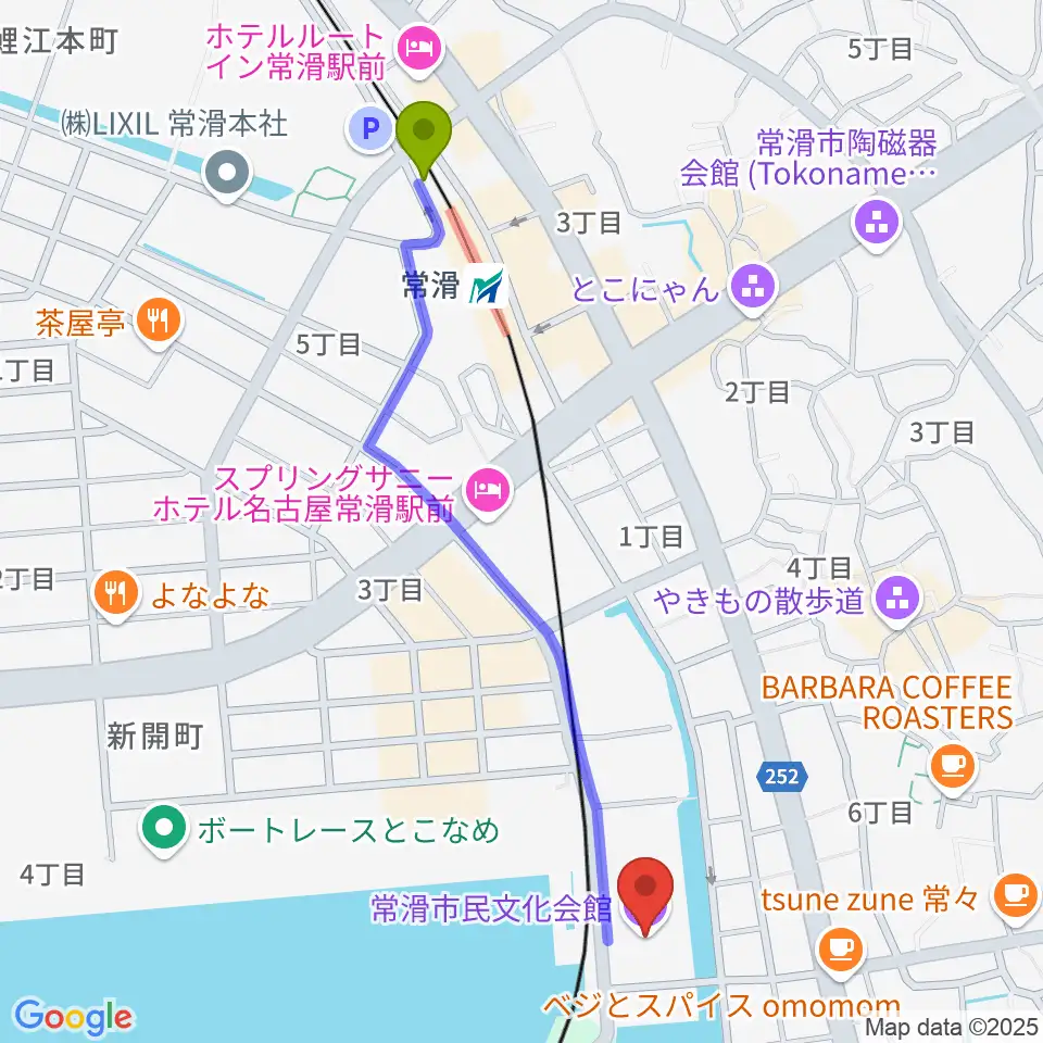 常滑市民文化会館の最寄駅常滑駅からの徒歩ルート（約12分）地図