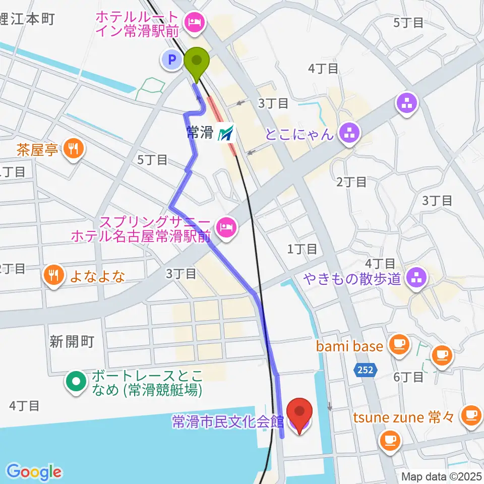 常滑市民文化会館の最寄駅常滑駅からの徒歩ルート（約12分）地図