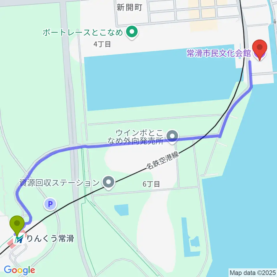 りんくう常滑駅から常滑市民文化会館へのルートマップ地図