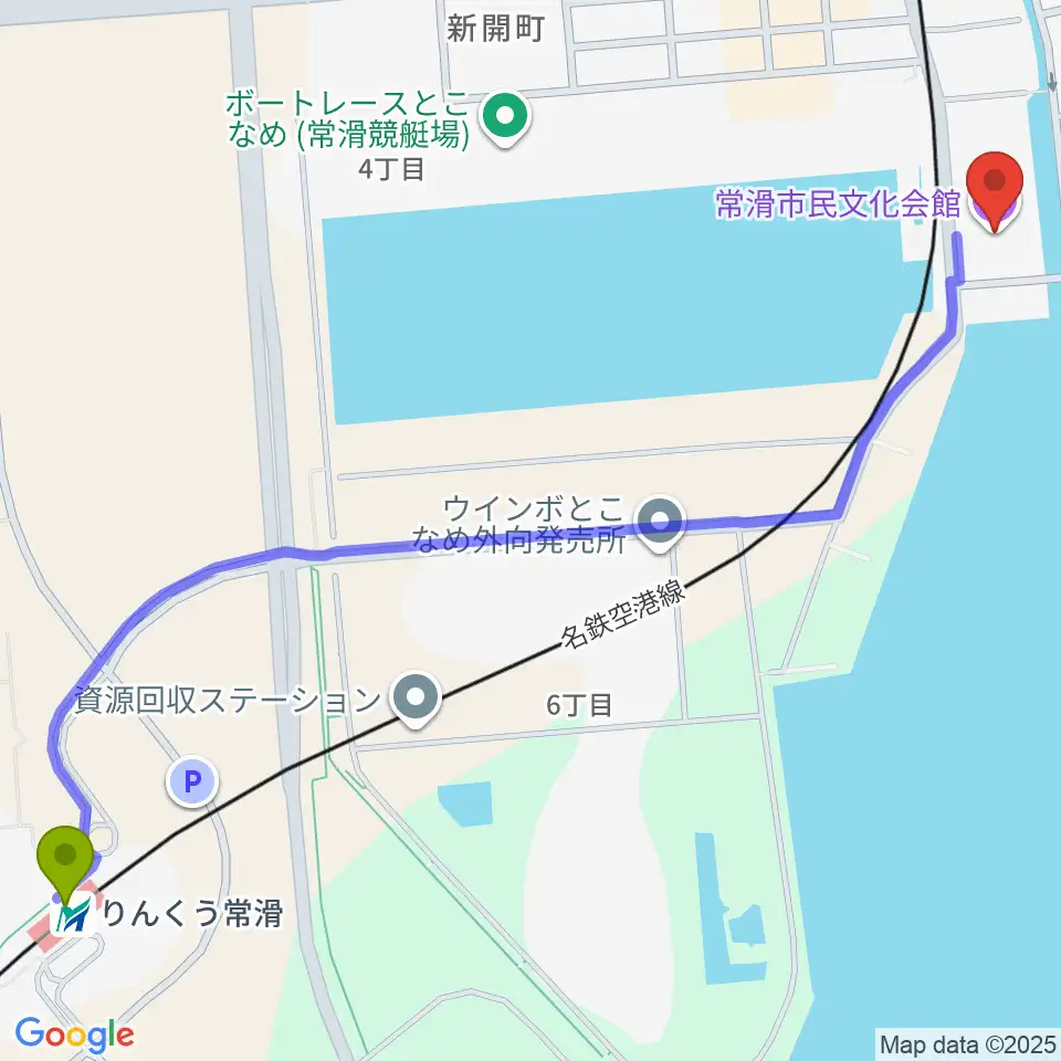 りんくう常滑駅から常滑市民文化会館へのルートマップ地図