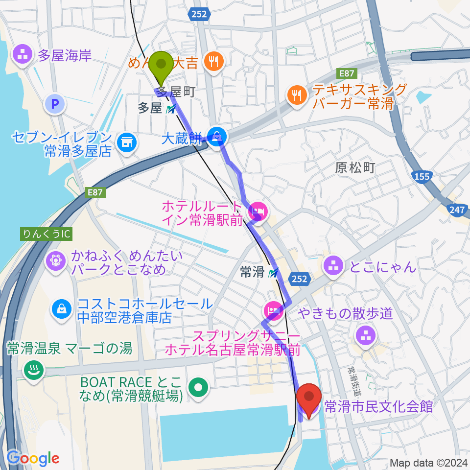 多屋駅から常滑市民文化会館へのルートマップ地図