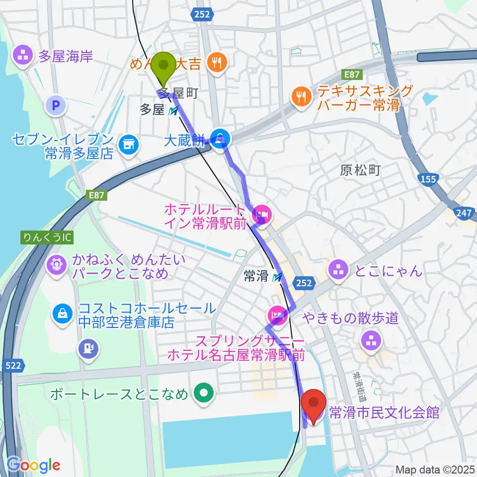 多屋駅から常滑市民文化会館へのルートマップ地図