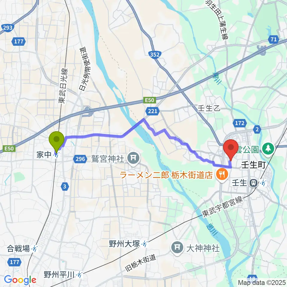 家中駅から城址公園ホール 壬生中央公民館へのルートマップ地図
