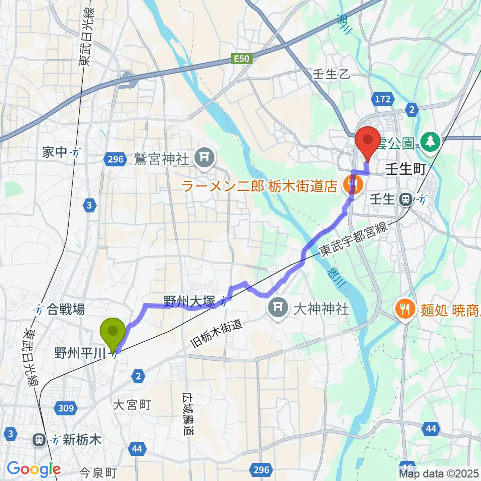 野州平川駅から城址公園ホール 壬生中央公民館へのルートマップ地図