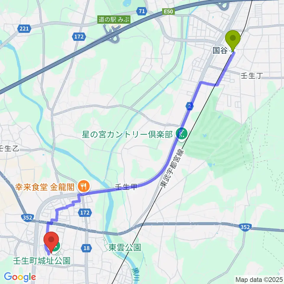 国谷駅から城址公園ホール 壬生中央公民館へのルートマップ地図