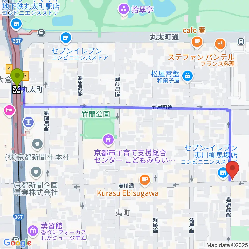 カフェ・モンタージュの最寄駅丸太町駅からの徒歩ルート（約7分）地図