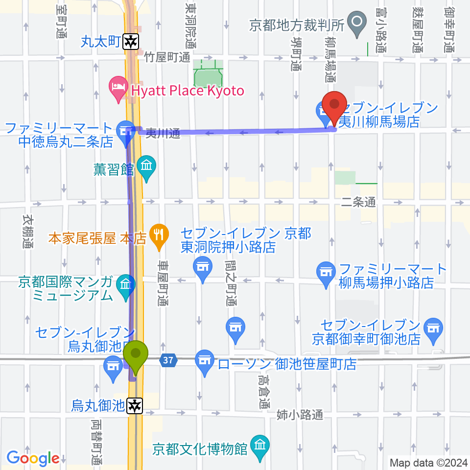 烏丸御池駅からカフェ・モンタージュへのルートマップ地図