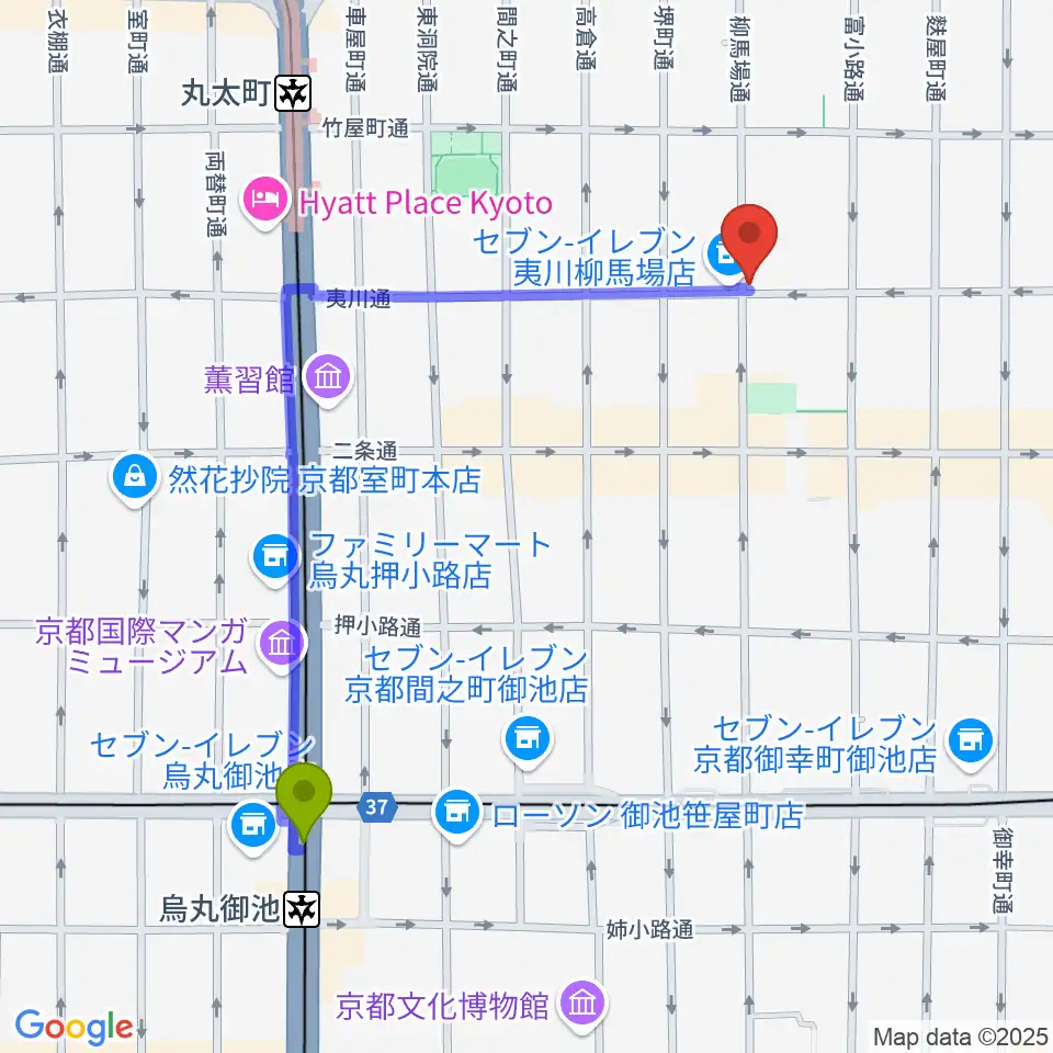 烏丸御池駅からカフェ・モンタージュへのルートマップ地図