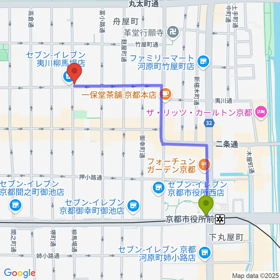 京都市役所前駅からカフェ・モンタージュへのルートマップ地図