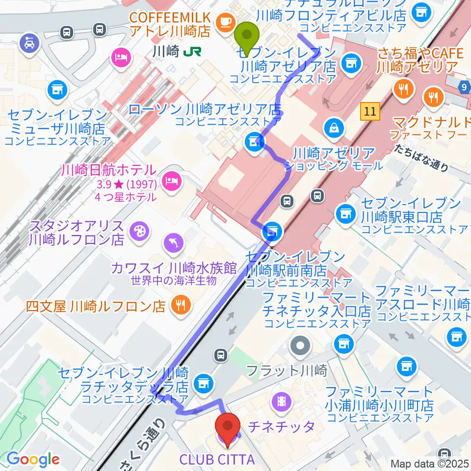 クラブチッタの最寄駅川崎駅からの徒歩ルート（約6分）地図