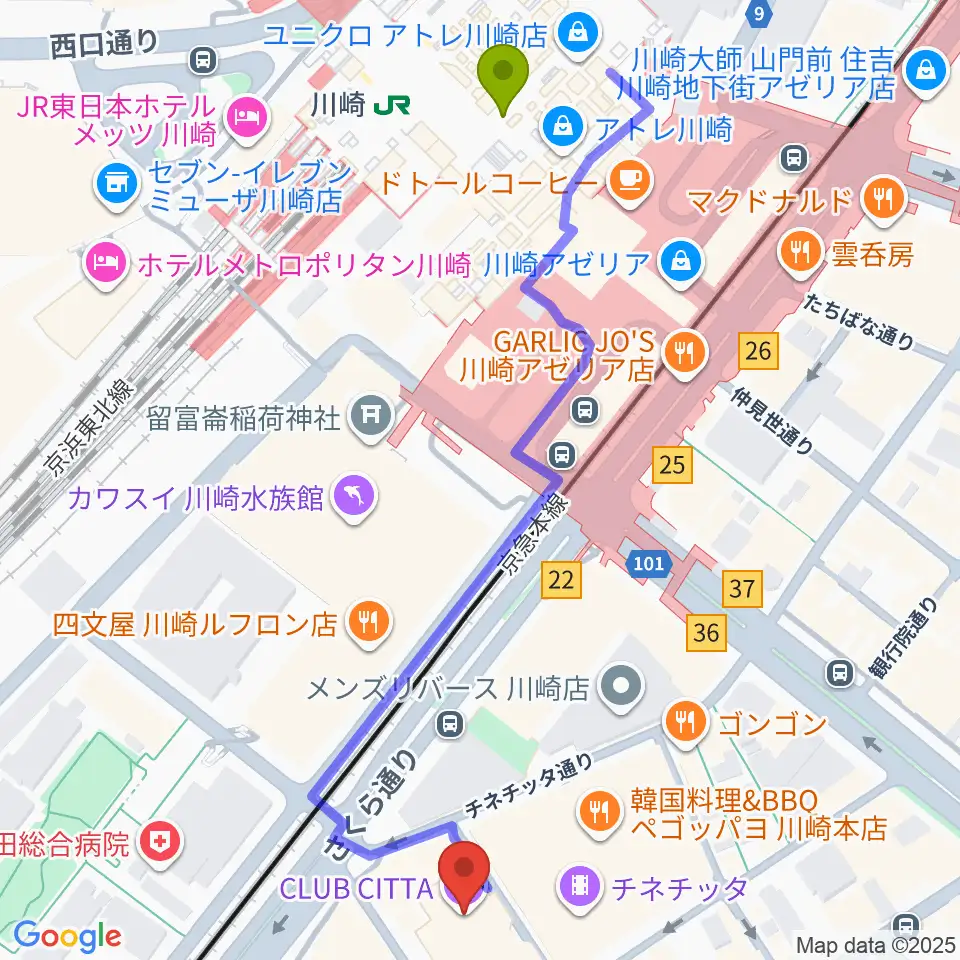 クラブチッタの最寄駅川崎駅からの徒歩ルート（約6分）地図