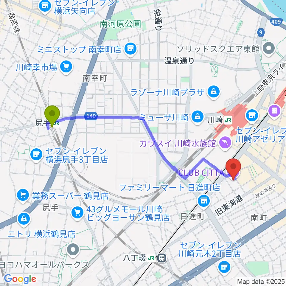 尻手駅からクラブチッタへのルートマップ地図