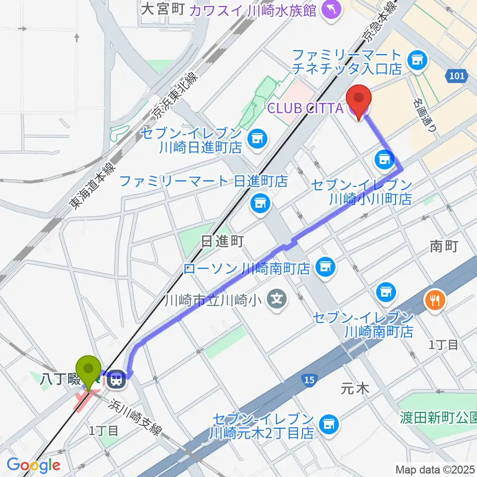 八丁畷駅からクラブチッタへのルートマップ地図