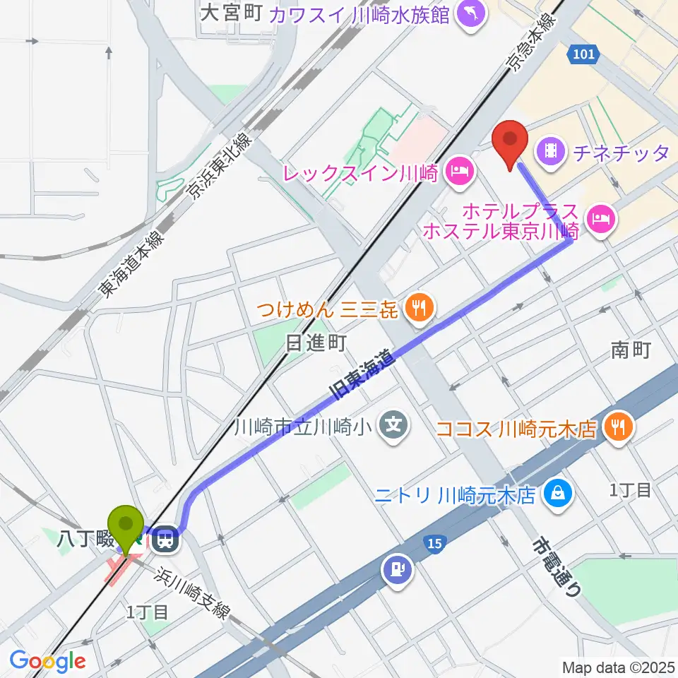 八丁畷駅からクラブチッタへのルートマップ地図