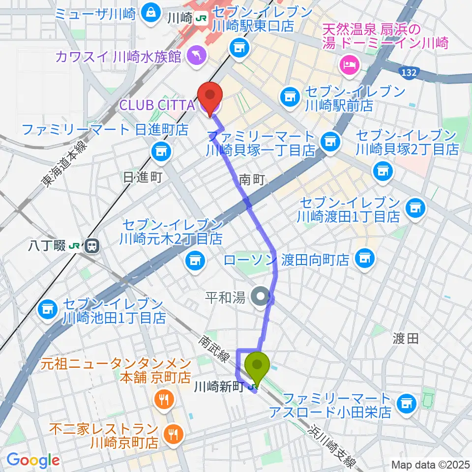 川崎新町駅からクラブチッタへのルートマップ地図