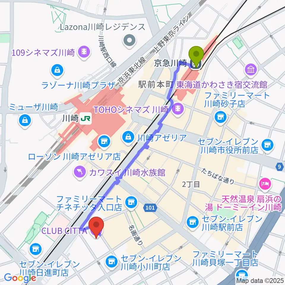 京急川崎駅からクラブチッタへのルートマップ地図