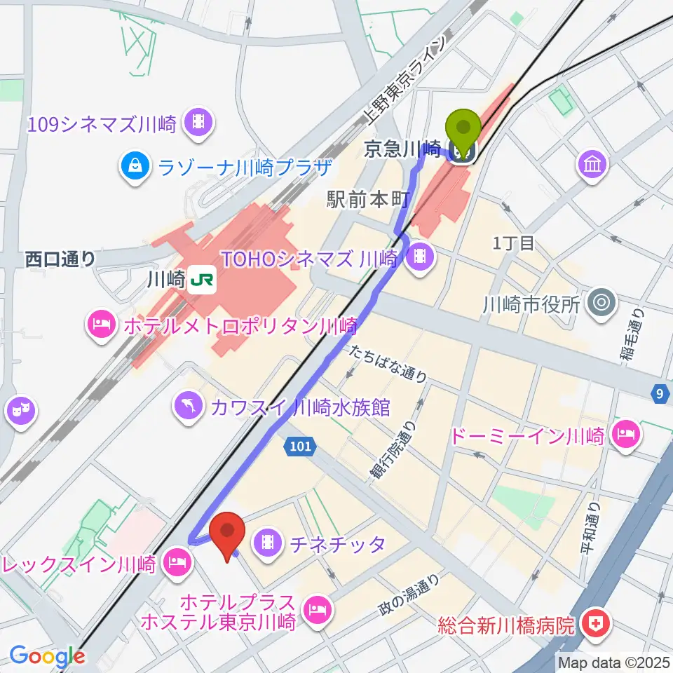 京急川崎駅からクラブチッタへのルートマップ地図
