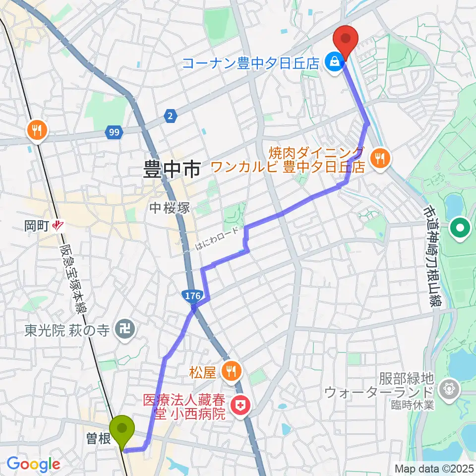 曽根駅からルビーノ音楽教室へのルートマップ地図