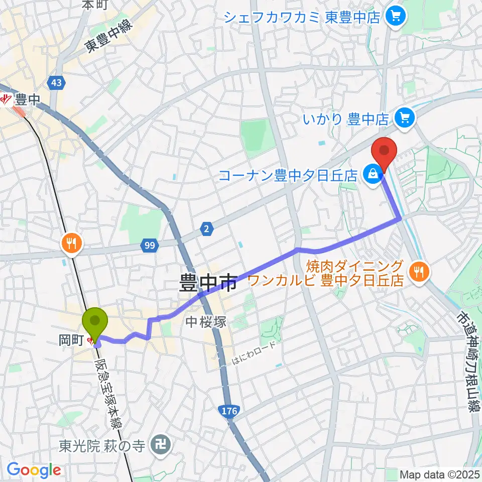 ルビーノ音楽教室の最寄駅岡町駅からの徒歩ルート（約22分）地図