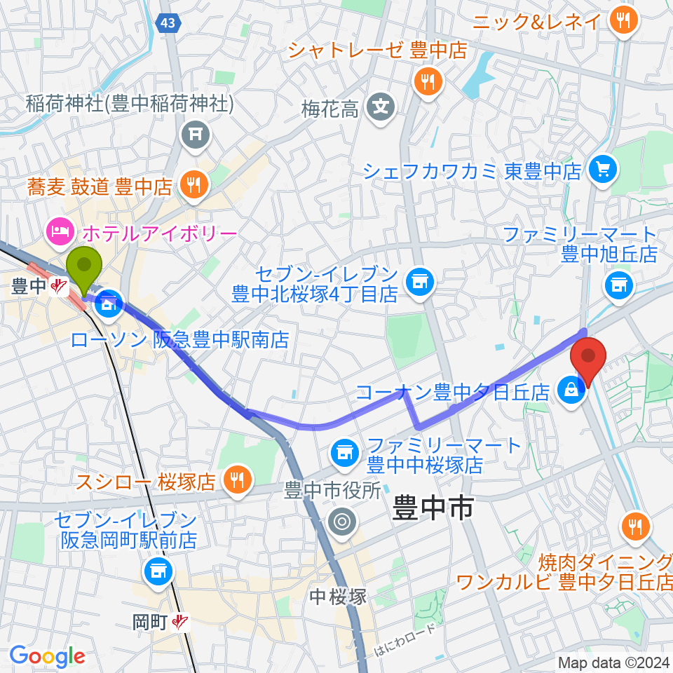 豊中駅からルビーノ音楽教室へのルートマップ地図